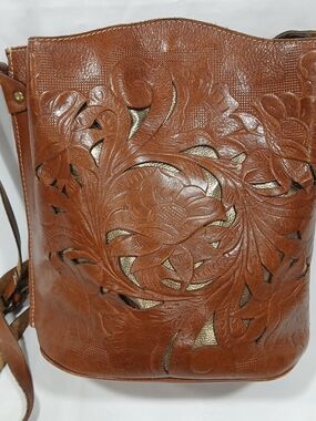Patricia Nash Lavello Cutout Tooled Brown Italian Leather Crossbody Bucket Bag